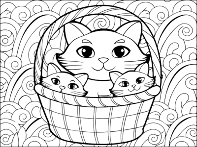 Cat With 2 Kittens In A Basket